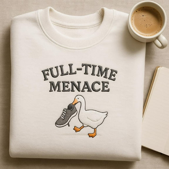 Embroidered Full-Time Menace Goose Sweatshirt, Funny Duck Thief Shirt, Cute Bird Lover Crewneck, Sarcastic Animal Gift