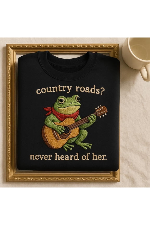 Embroidered Funny Frog Sweatshirt, Country Music Meme Sweater, Frog Playing Guitar Top, Sarcastic Country Roads Gift, Quirky Frog Tee
