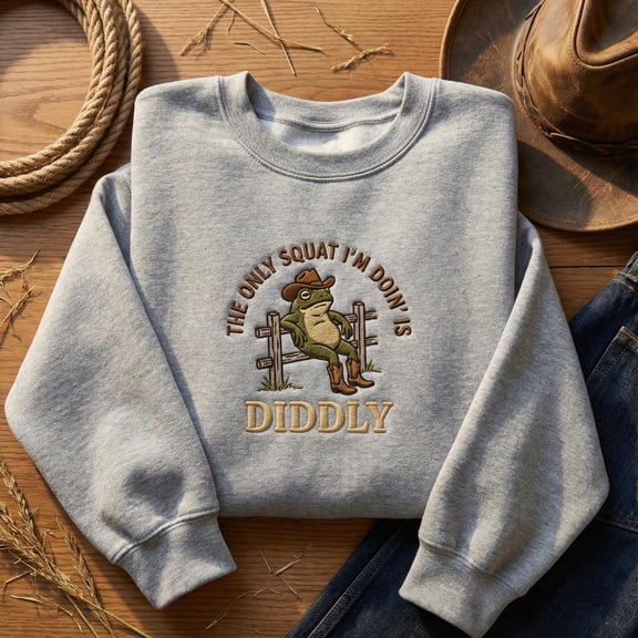 Embroidered Funny Squat Sweatshirt, Cowboy Frog Hoodie, Gym Humor Crewneck, Leg Day Apparel, Western Toad Embroidery