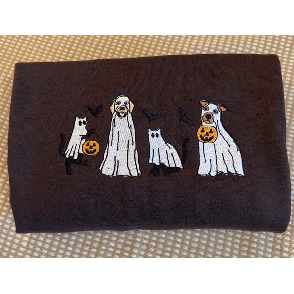Embroidered Ghost Dog and Cat Sweatshirt