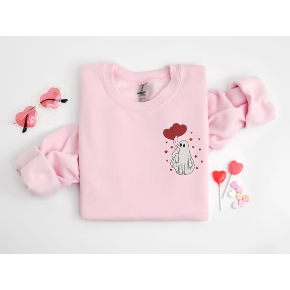 Embroidered Ghost Sweatshirt, Valentine's Day Ghost Embroidered Shirt, Valentine's Day Sweatshirt, Valentine's Day Embroidered Sweatshirt