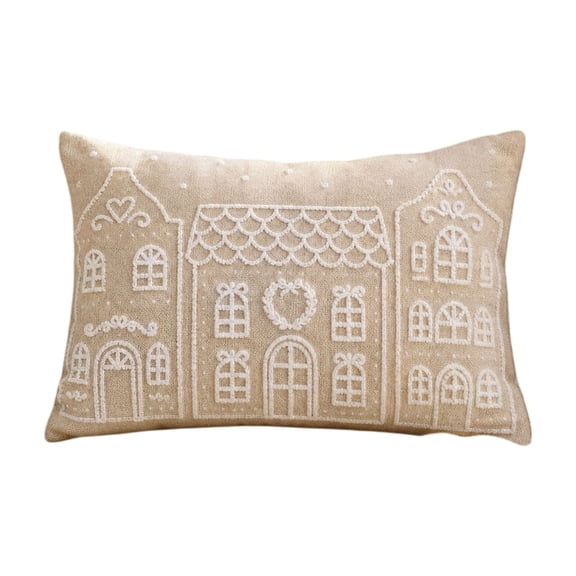 Embroidered Gingerbread House Lumbar Throw Pillow, 20" x12" Linen Christmas Pillow for Sofa Couch Bedroom Winter Holiday Decor