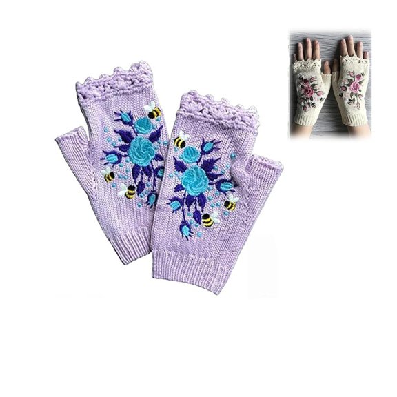 Embroidered Gloves, Women's Knitted Gloves Flower Gloves, Winter Handmade Embroidery Knit Fingerless Gloves