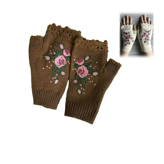 Embroidered Gloves, Women's Knitted Gloves Flower Gloves, Winter Handmade Embroidery Knit Fingerless Gloves