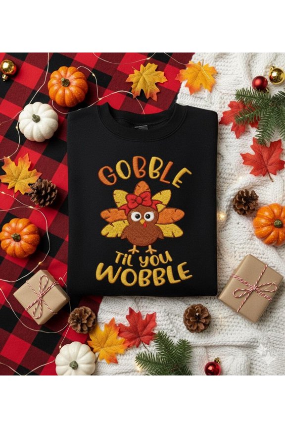 Embroidered Gobble Gobble Till You Wobble Shirt, Fall Turkey Shirt, Happy Thanksgiving Embroidery, Thanksgiving Turkey Shirt, Thanksgiving