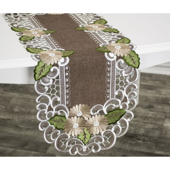 Embroidered Gold Daisy on Brown Table Runner (35"/ 54")