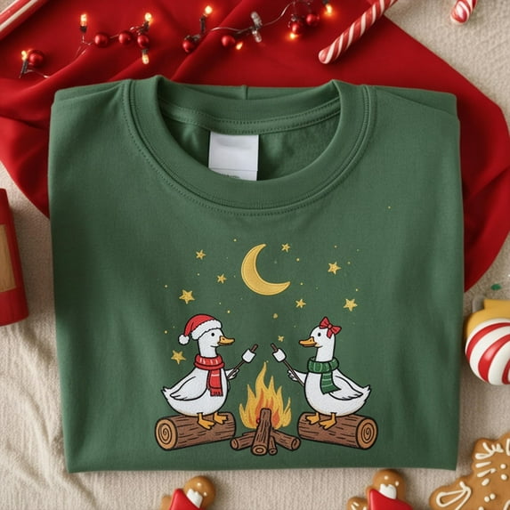 Embroidered Goose Sweatshirt Funny Campfire Shirt Autumn Duck Embroidery Gift for Camper Her Cottagecore Fall Camping Top Matching Crewneck