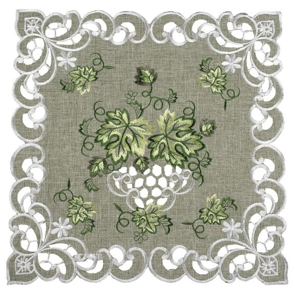 Embroidered Green Leaf on Antique Green Fabric Doily, Table Centerpiece, Place Mat, Dresser Scarf (16 Inch Square)
