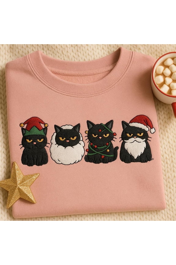 Embroidered Grumpy Black Cat Christmas Sweatshirt, Funny Cat Mom Holiday Shirt, Sassy Kitty Christmas Sweater, Xmas Pet Gift