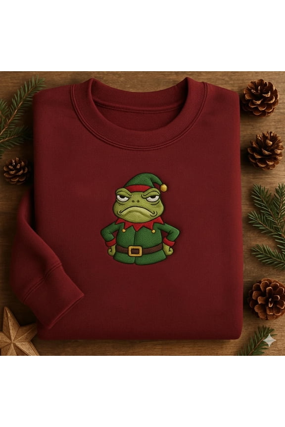 Embroidered Grumpy Elf Frog Christmas Sweatshirt, Funny Holiday Frog Shirt, Sarcastic Xmas Crewneck, Cute Elf Animal Gift