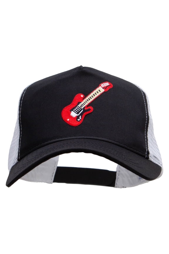Embroidered Guitar Patched 5 Panel High Profile Poly Cotton Twill Mesh Trucker Cap - Black White OSFM