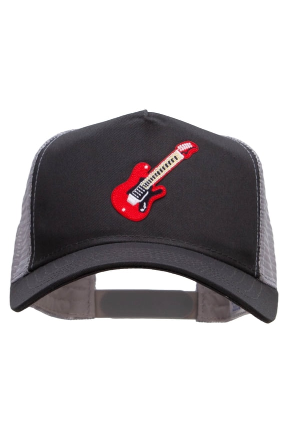Embroidered Guitar Patched 5 Panel High Profile Poly Cotton Twill Mesh Trucker Cap - Charcoal Grey OSFM
