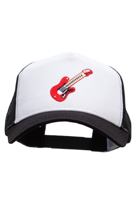 Embroidered Guitar Patched 5 Panel High Profile Poly Cotton Twill Mesh Trucker Cap - White Black OSFM