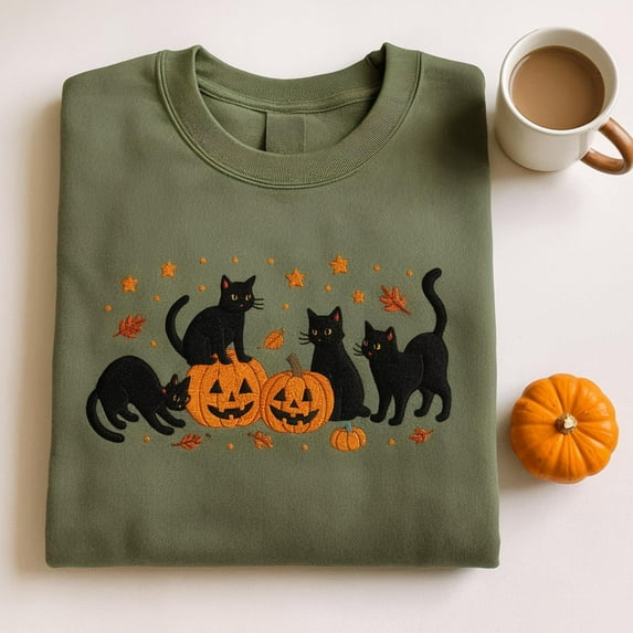 Embroidered Halloween Black Cat Sweatshirt, Pumpkin Fall Sweater, Halloween Crewneck, Cute Autumn Spooky Season, Bat Tee Top, Cat Lover Gift