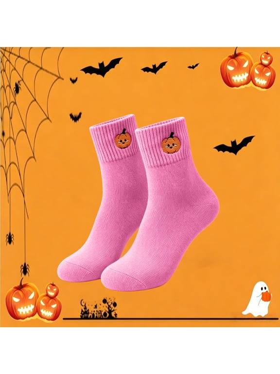 Embroidered Halloween Crew Socks for Women Men 1 Pair Cotton Mid Calf Socks with Pumpkin Ghost Witch Hat Bat Black Cat Embroidery Cute Novelty Casual Socks One Size Fits