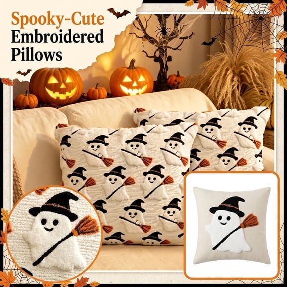 Embroidered Halloween Ghost Pillow Cover 18X18 Inches Decorative Linen Throw Cushion Case Cozy Pillowcase for Couch Sofa Home Decor