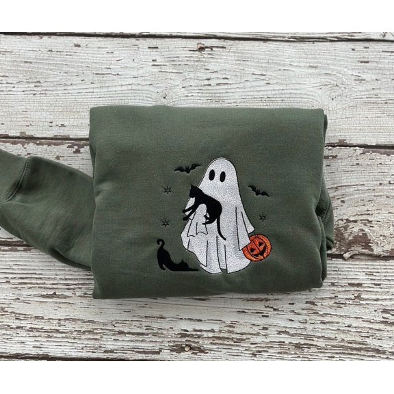 Embroidered Halloween Sweatshirt Ghost With Cats And Bats