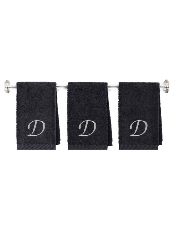 Embroidered Hand Towels Set of 3, Monogram Initial D, Cotton, Charcoal