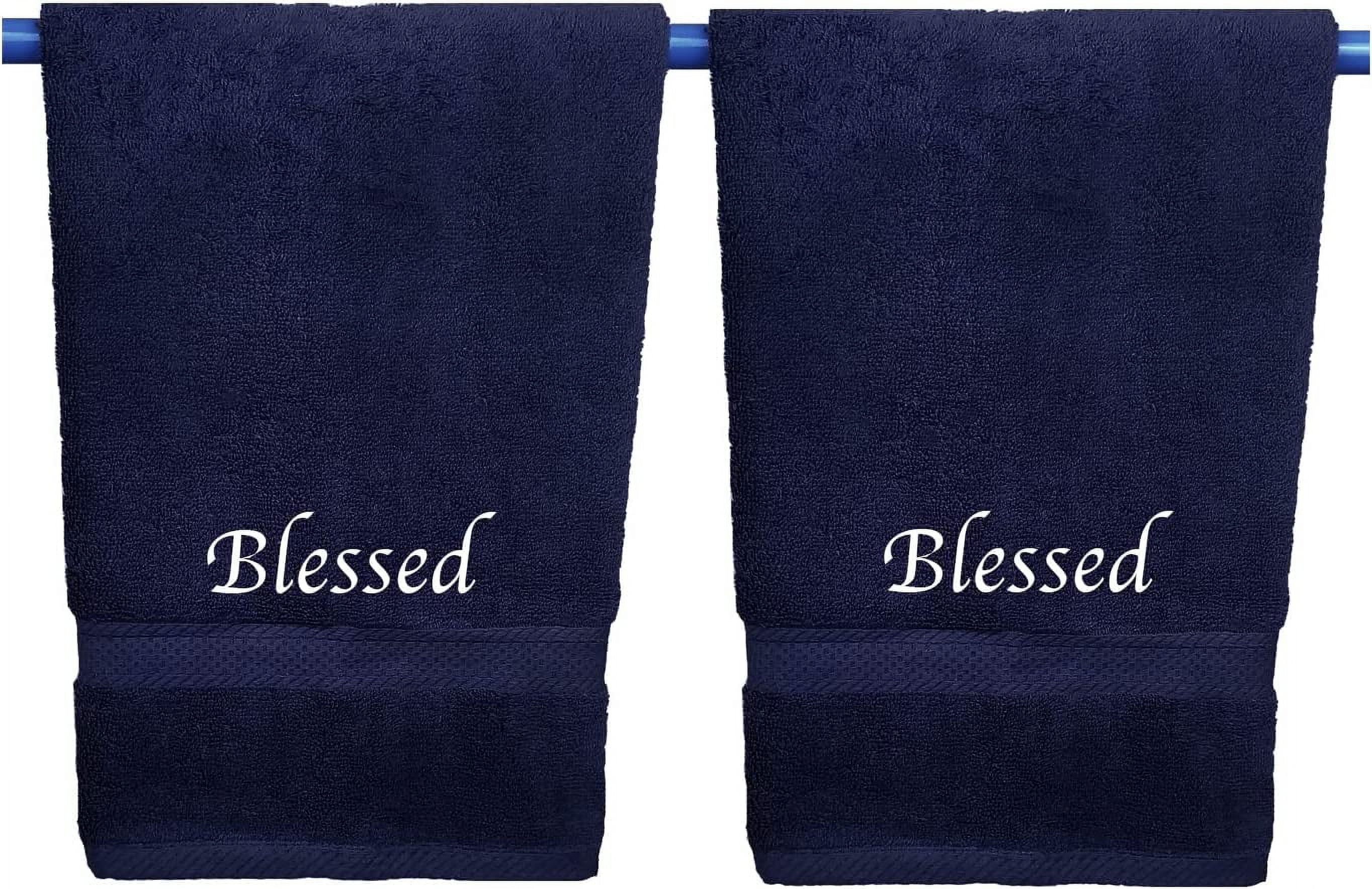 Embroidered Hand Towels with Inspirational Message: Blessed (1 Set of 2 Hand Towels) for Bathroom, Kitchen or Spa. (Navy Blue)