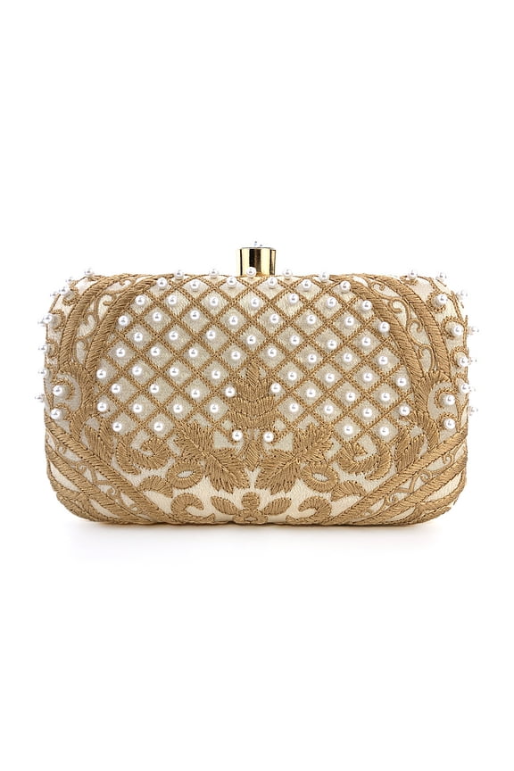 Embroidered Hand-beaded Evening Bag Vintage Pearl Evening Bag Wedding Purses for Women,Apricot Gold