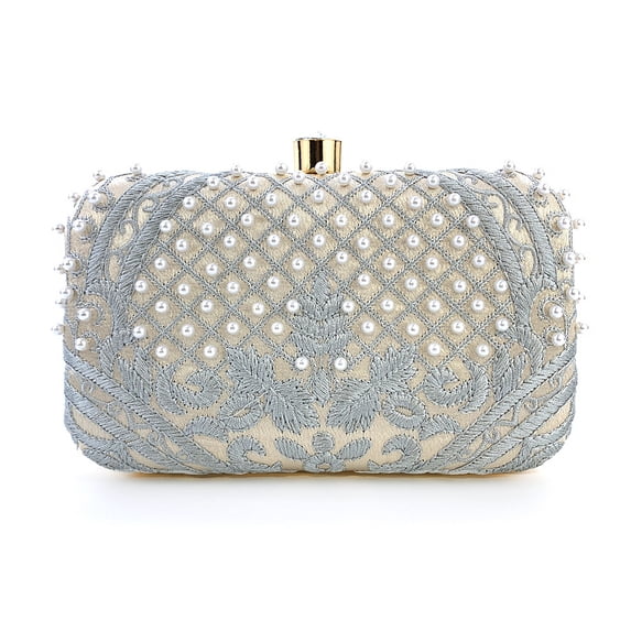 Embroidered Hand-beaded Evening Bag Vintage Pearl Evening Bag Wedding Purses for Women,Apricot Silver