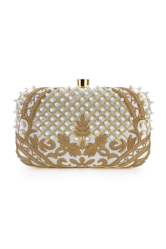 Embroidered Hand-beaded Evening Bag Vintage Pearl Evening Bag Wedding Purses for Women,Siler Gold