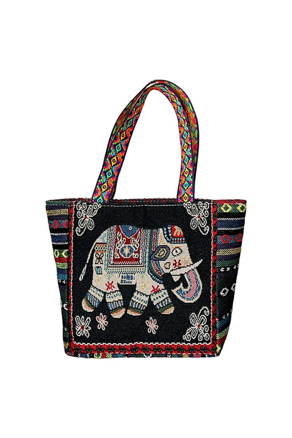 Embroidered Handmade Women Shoulder Bag Travel Bag Gift Black White Elephant F-Black White Elephant