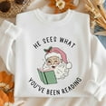 thumbnail image 1 of Embroidered He Sees What You've Been Reading Santa Crewneck, Funny Bookish Christmas Sweatshirt, Book Lover Gift, Xmas Gift, 1 of 4
