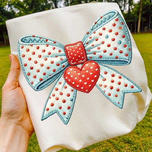 Embroidered Heart Bow | Polka Dot Ribbon Design | Valentine's Day Graphic | Printable Craft Design