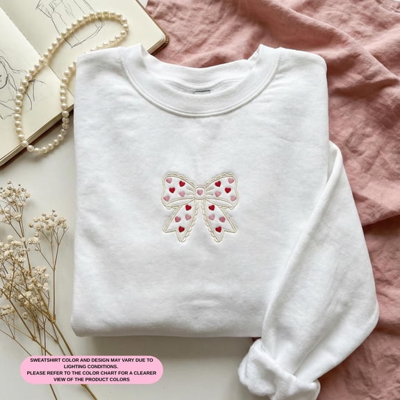 Embroidered Heart Bow Sweatshirt, Coquette Aesthetic Top, Cute Valentine Gift, Minimalist Bow Crewneck, Dainty Girly Pullover, Lovecore