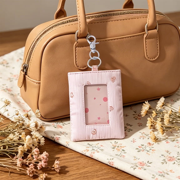 Embroidered Heart Card Holder, Hollow Out Mini Pillow Keychain, 3" Id Card Sleeve For Student Campus, Metro & Transit Pass Pink Free Size