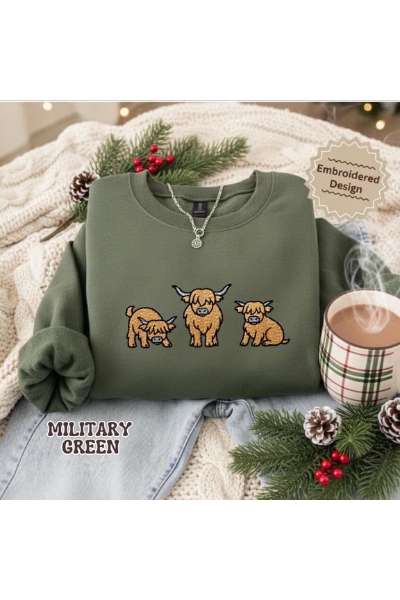 Embroidered Highland Cow TShirt Cozy Farm Animal Gift for Women Rustic Country Cow Mom Cre