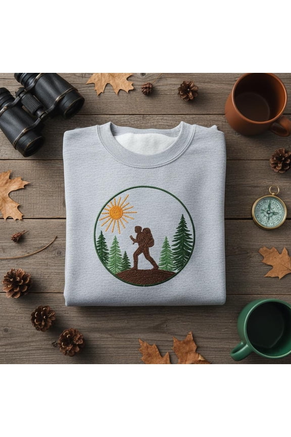 Embroidered Hiker Sweatshirt, Hiking Adventure Hoodie, Mountain and Forest Crewneck, Outdoor Nature Lover Gift