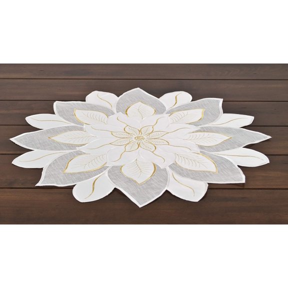 Embroidered Holiday Poinsettia Doily Place Mat White and Gold 23 Inch Round