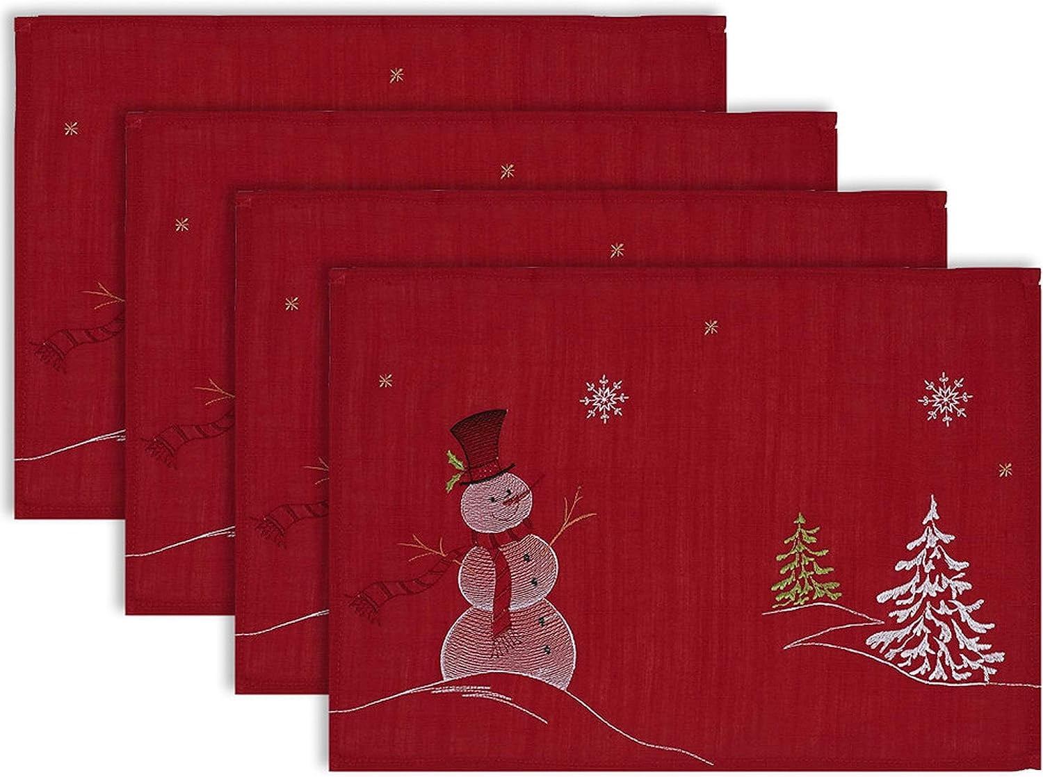 Red Embroidered Snowman Christmas Placemats Set of 4