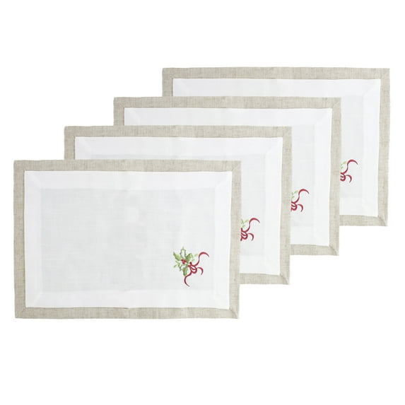 Embroidered Holly Christmas Tree Double-Layer Holiday Decorative Placemat (Natural+White Placemat 13"x19"-Set of 4)