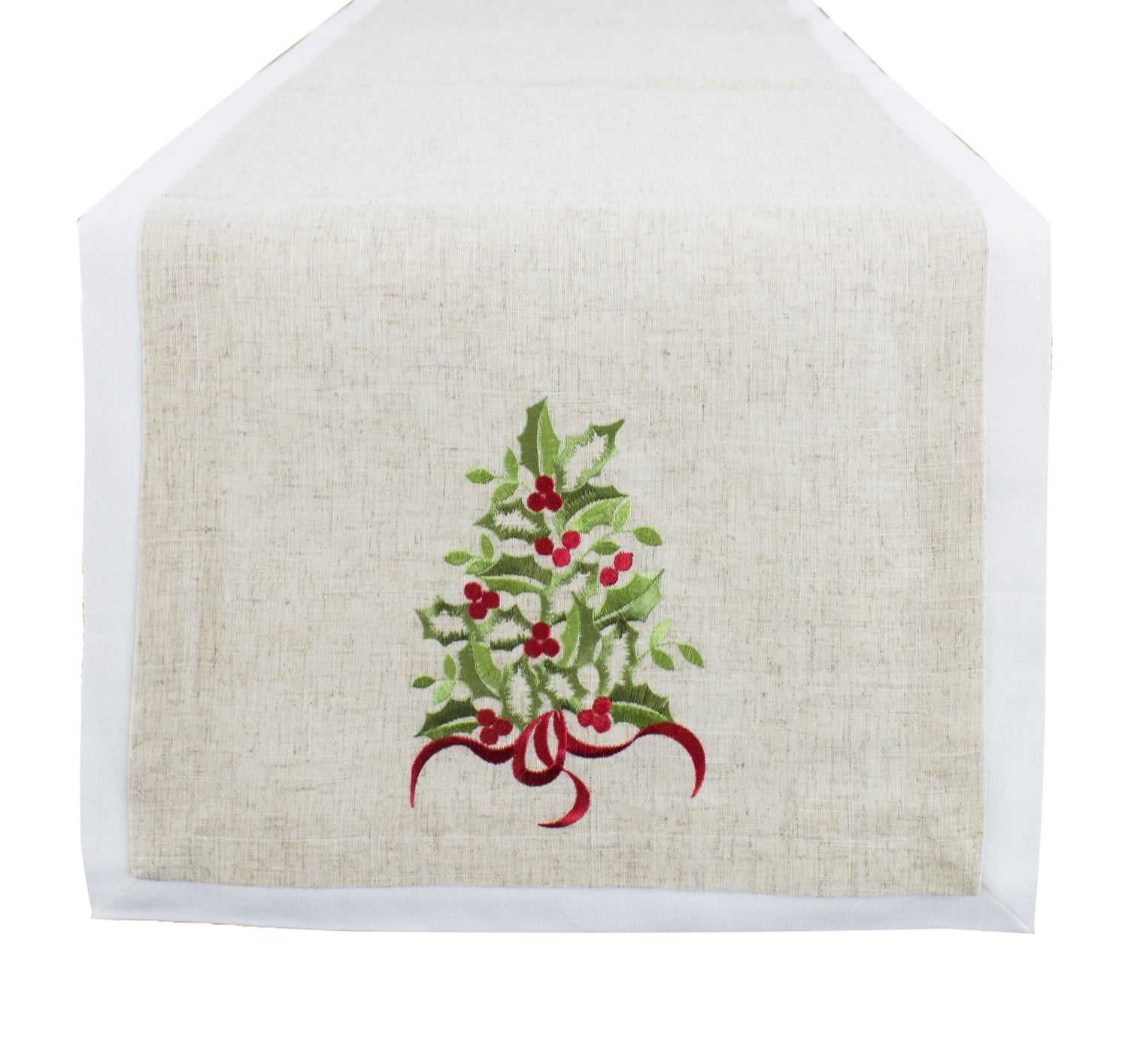 Embroidered Holly Christmas Tree Double-Layer Holiday Decorative Table Runner (Natural+White Runner 16"x78")