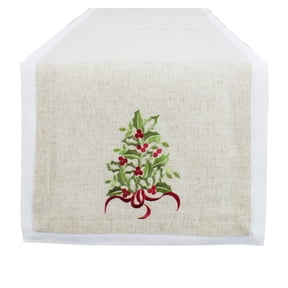Embroidered Holly Christmas Tree Double-Layer Holiday Decorative Table Runner (Natural+White Runner 16"x78")