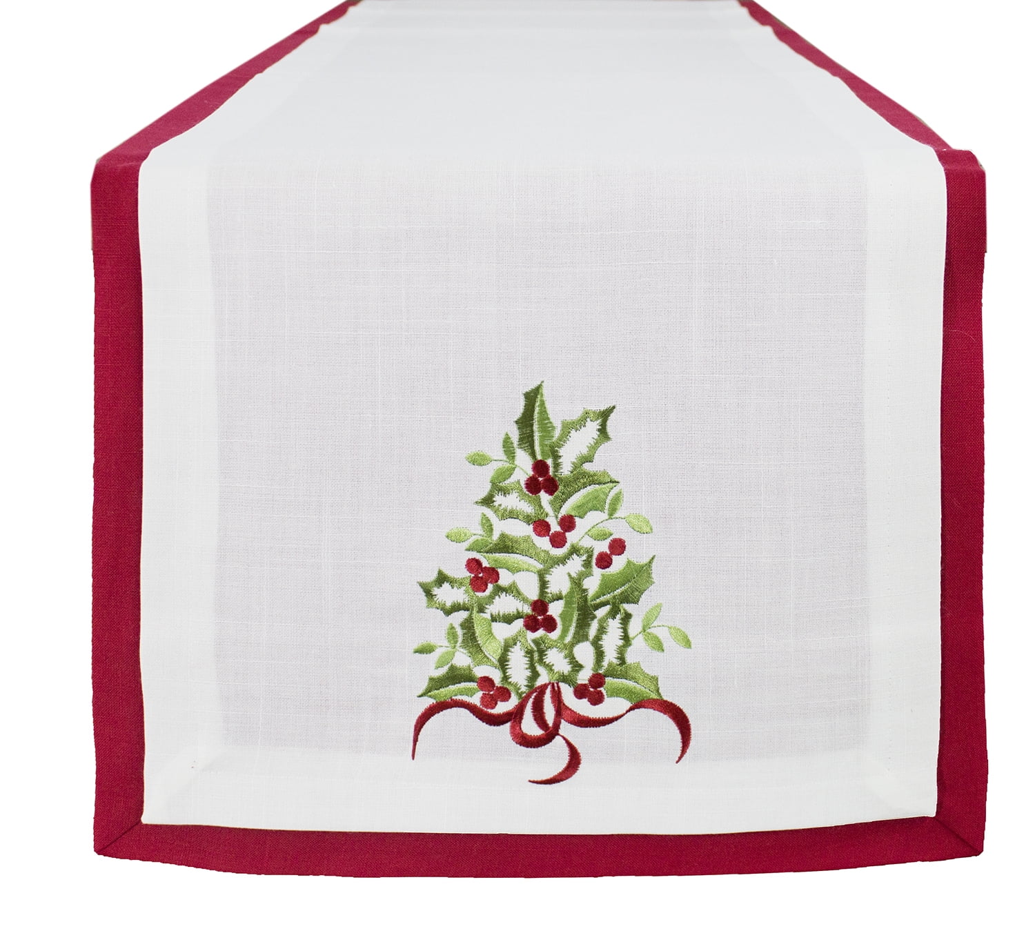 Embroidered Holly Christmas Tree Double-Layer Holiday Decorative Table Runner (Red+White Runner 16"x78")