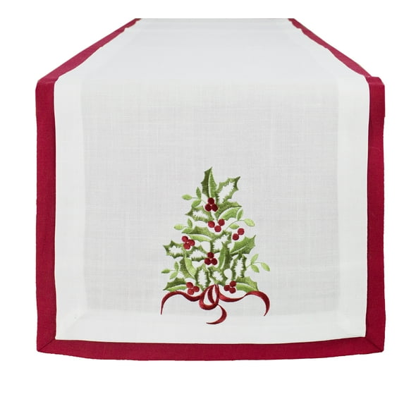 Embroidered Holly Christmas Tree Double-Layer Holiday Decorative Table Runner (Red+White Runner 16"x96")
