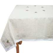 Embroidered Holly Christmas Tree Double-Layer Holiday Tablecloth (Natural+White 65"x84" Tablecloth)