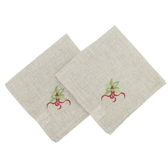 Embroidered Holly Christmas Tree Holiday Decorative Cloth Napkin (Natural Napkin 20"x20"-Set of 4)