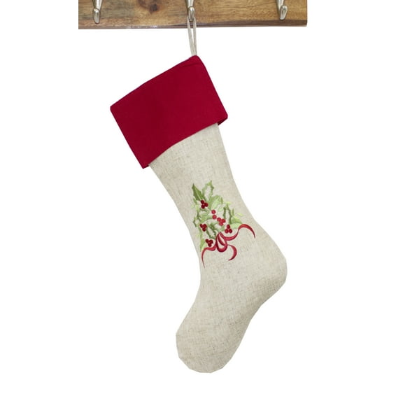 Embroidered Holly Christmas Tree Holiday Decorative Stocking (Natural+Red Stocking 13"x19")
