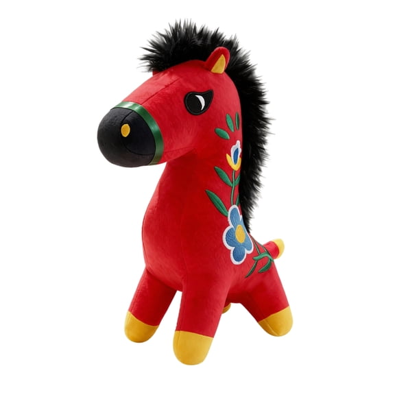 Embroidered Horse Plush Toy Red and Black Folk Art Style Pony Stuffed Animal Soft Textile Horse Figure Traditional Pattern Decor for Home Display Red