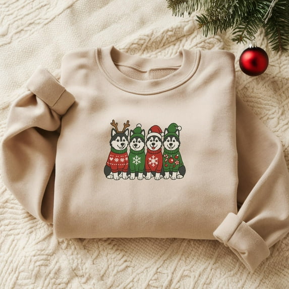 Embroidered Husky Dog Santa Christmas Sweatshirt Christmas Dog Crewneck Women Christmas Sweater Xmas Dog Shirt Ugly Christmas Gift Xmas