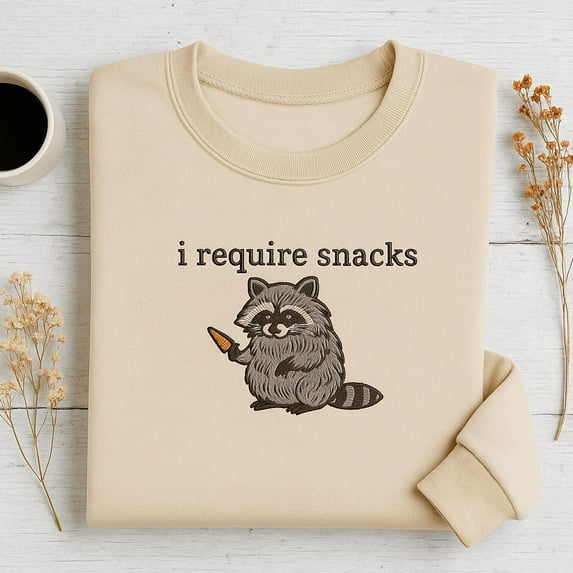 Embroidered "I Require Snacks" Raccoon Sweatshirt - Goblincore Gift
