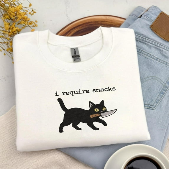 Embroidered I Require Snacks Shirt, Black Cat Sweatshirt, Funny Quote Tee, Sarcastic TShirt, Cat Mom Sweater, Snarky Shirt Cat Lovers Gifts