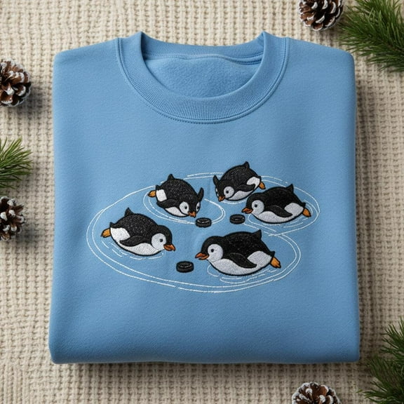 Embroidered Ice Hockey Penguins Sweatshirt, Cute Winter Crewneck, Penguin Ice Skating Shirt, Hockey Lover Gift, Custom Bird Sweater