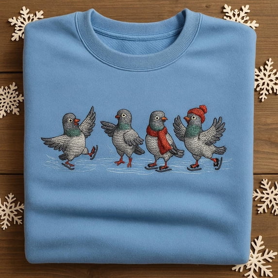 Embroidered Ice Skating Pigeons Sweatshirt, Funny Winter Bird Sweater, Cute Pidgeon Crewneck, Unique Bird Lover Gift