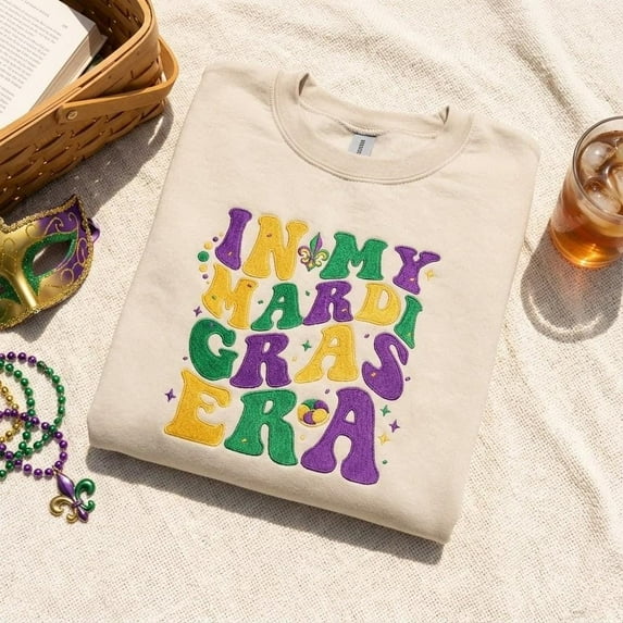 Embroidered In My Mardigras Era Oversized Sweatshirt, Funny Mardi Gras Sweater, New Orleans Party Crewneck, Festive Mardi Apparel